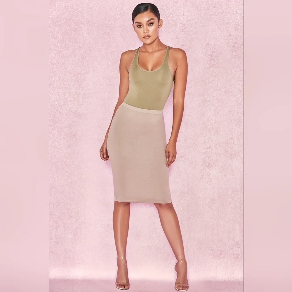 NWT House‎ of CB Shahla Seamless Knit Khaki Green Pencil Skirt in Box Size M/L